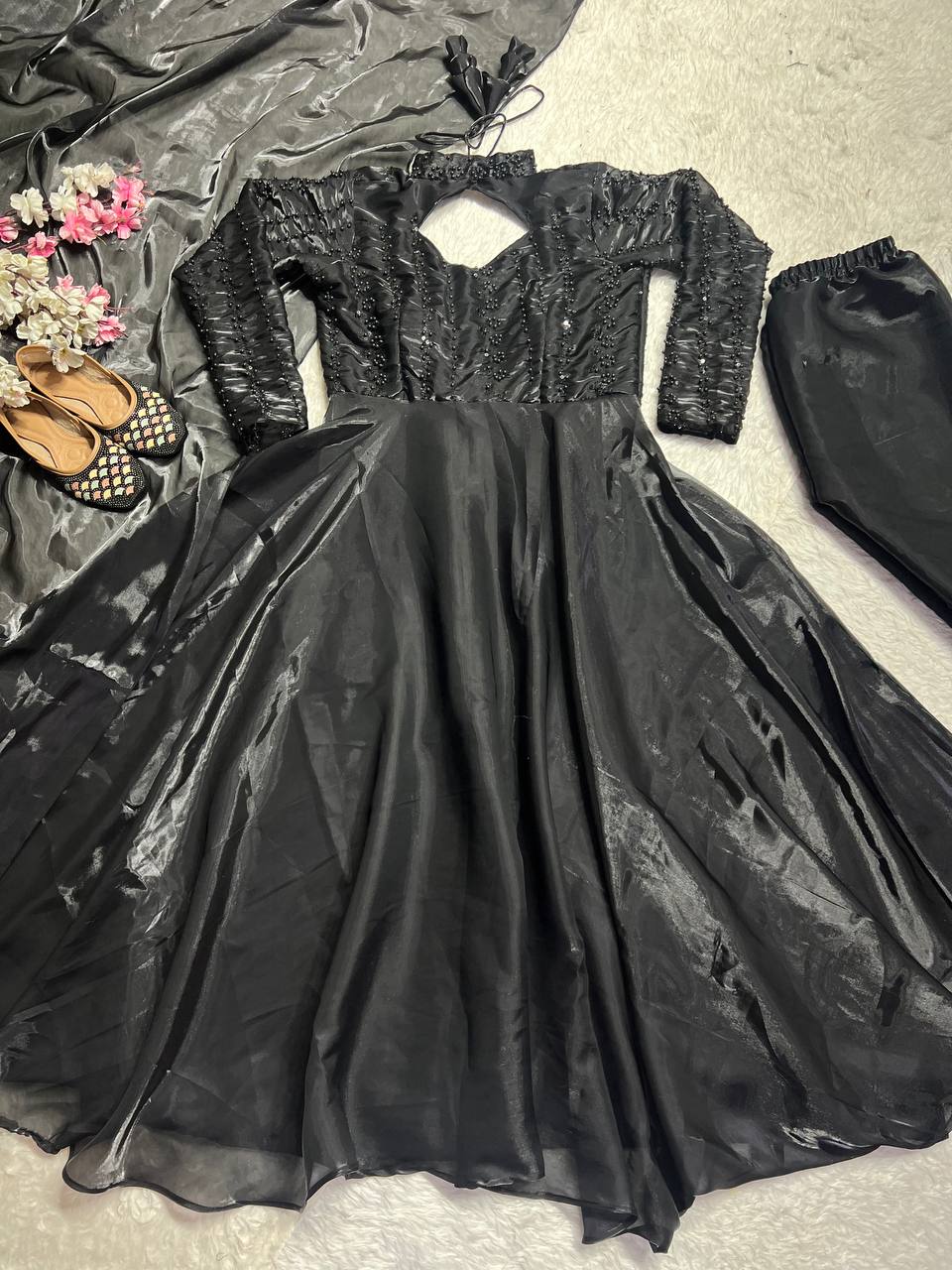 Shining Black Pure Heavy Jimmy Choo With 5mm Sequence And Embroidery Work Anarkali Gown