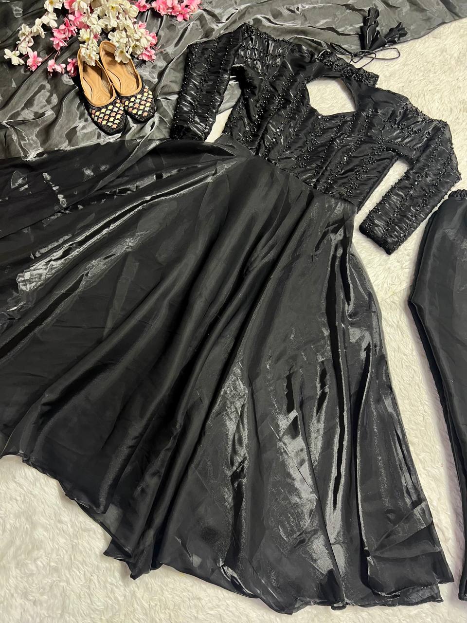 Shining Black Pure Heavy Jimmy Choo With 5mm Sequence And Embroidery Work Anarkali Gown