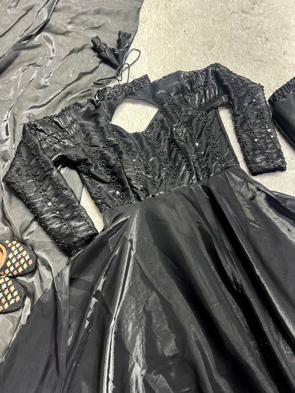 Shining Black Pure Heavy Jimmy Choo With 5mm Sequence And Embroidery Work Anarkali Gown