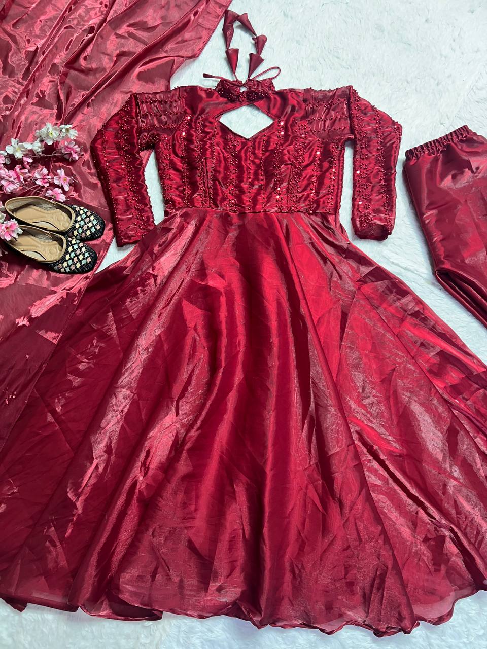 Shining Maroon Pure Heavy Jimmy Choo With 5mm Sequence And Embroidery Work Anarkali Gown