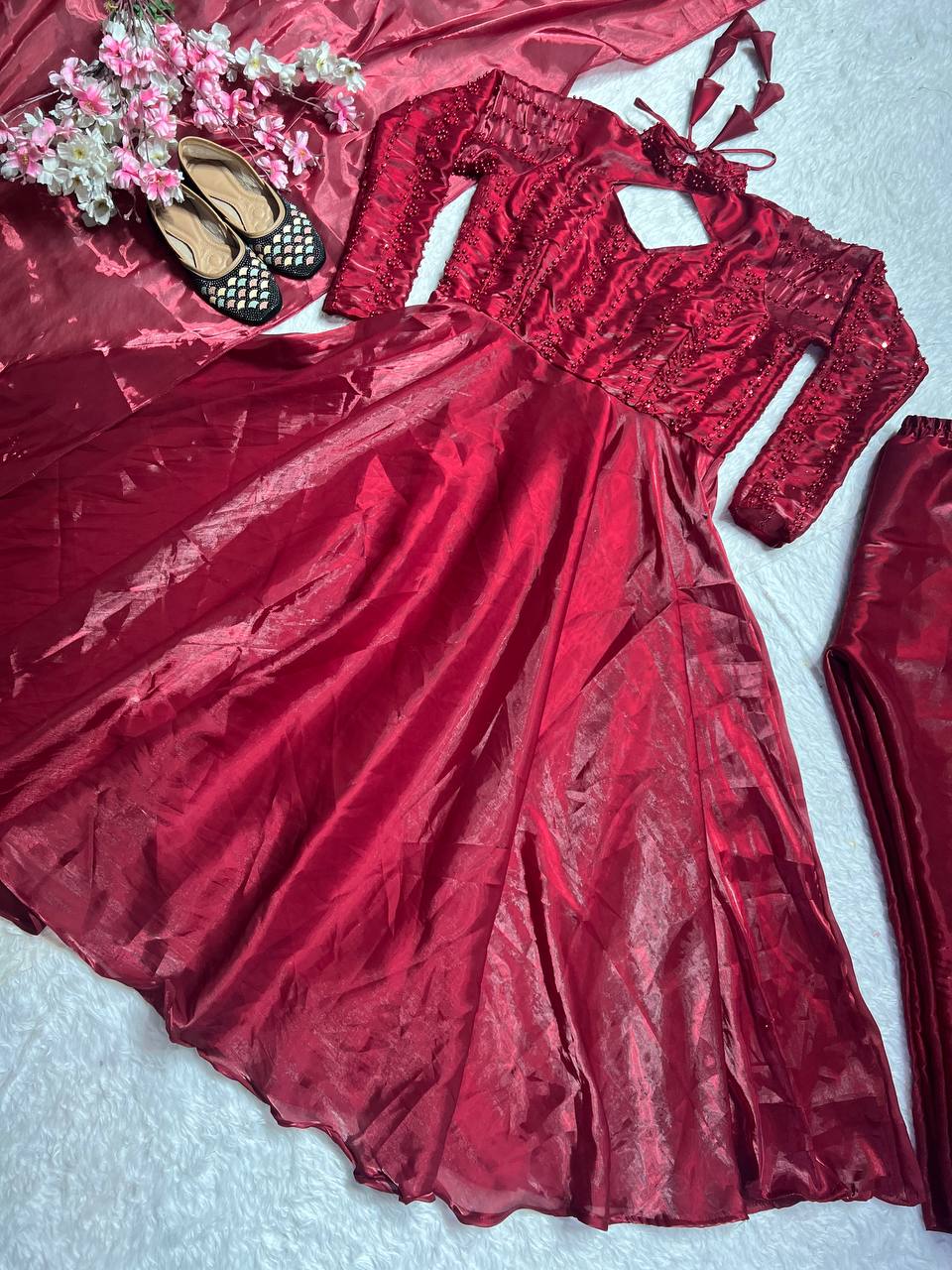 Shining Maroon Pure Heavy Jimmy Choo With 5mm Sequence And Embroidery Work Anarkali Gown