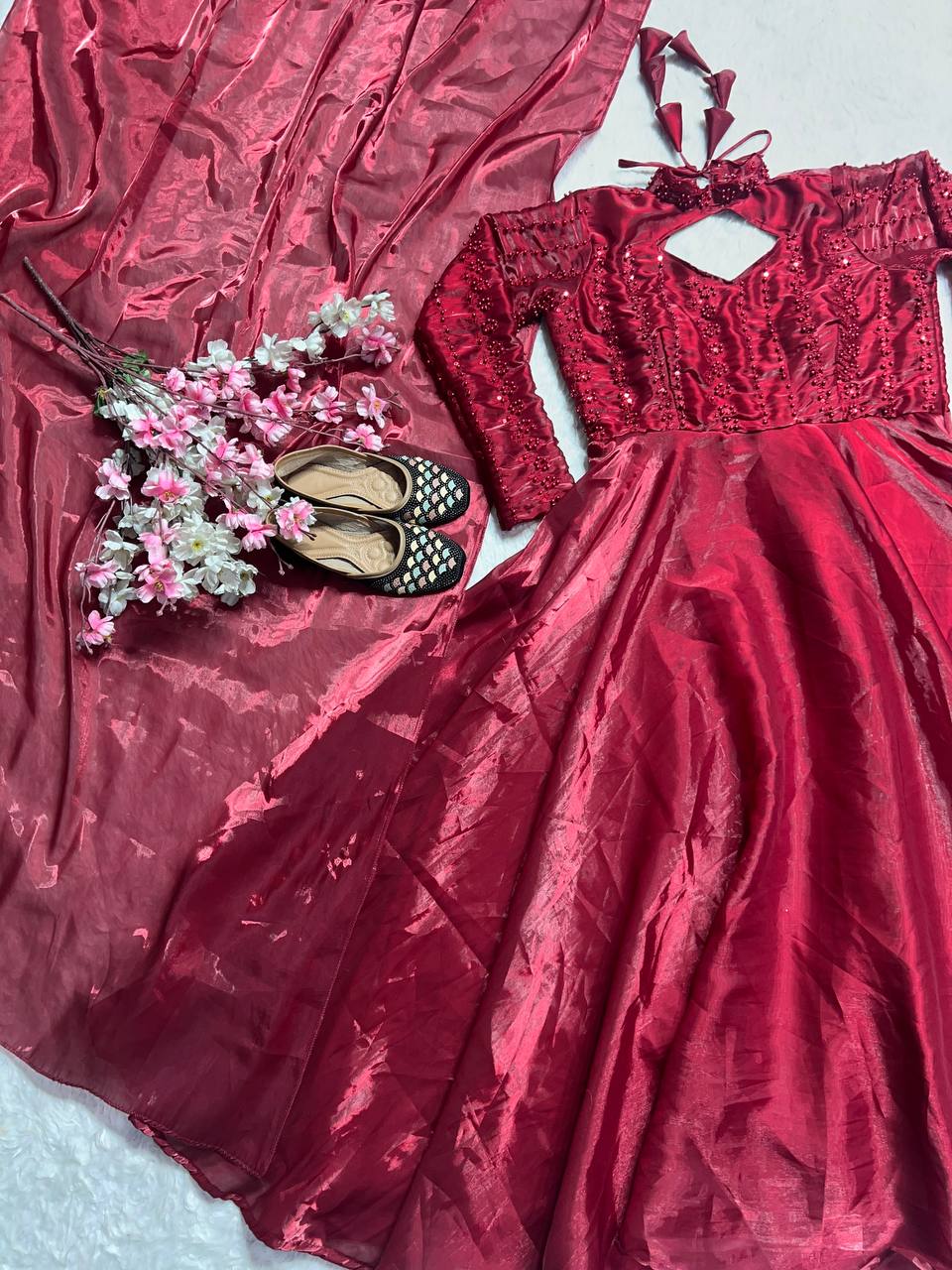 Shining Maroon Pure Heavy Jimmy Choo With 5mm Sequence And Embroidery Work Anarkali Gown