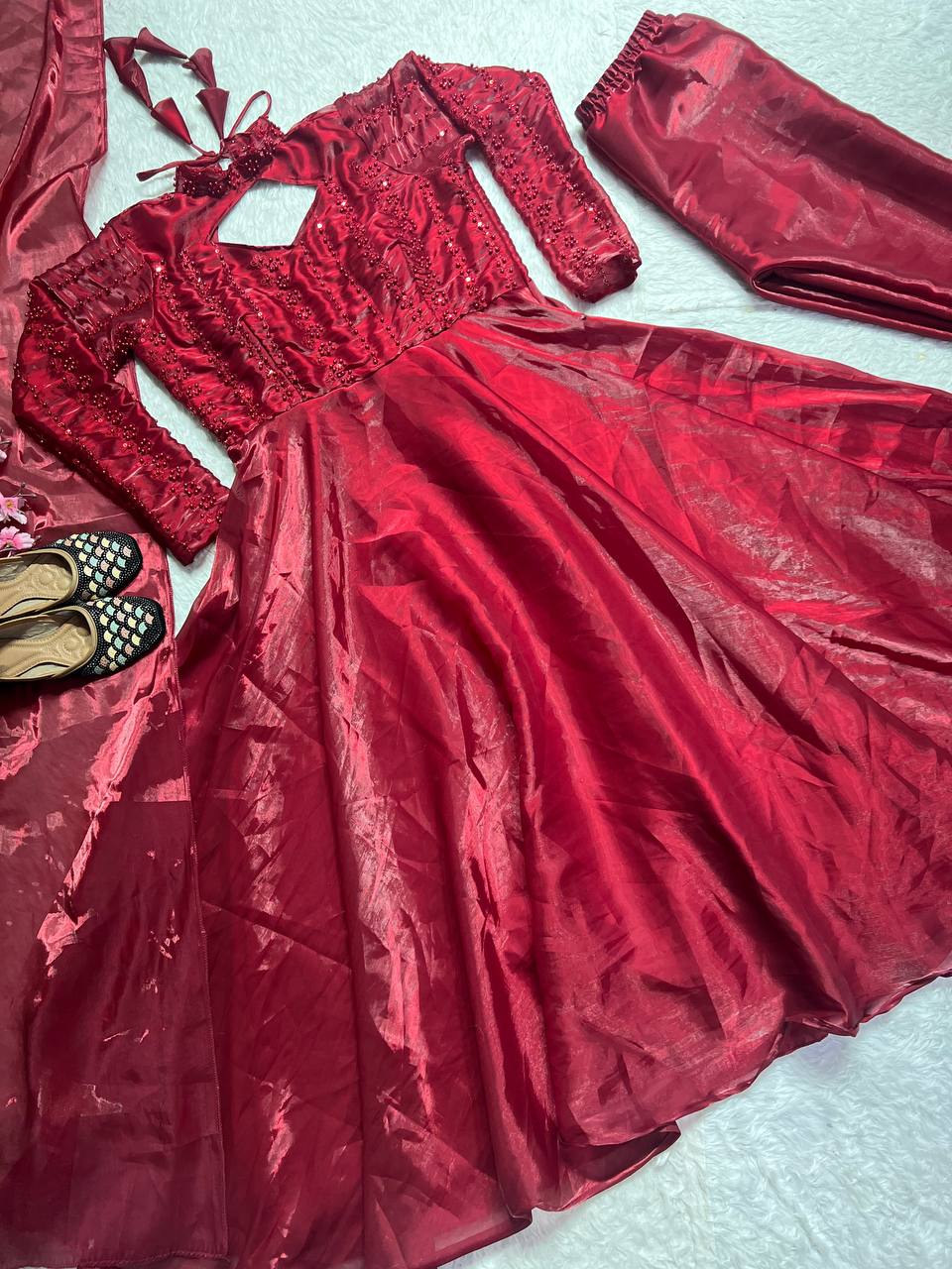 Shining Maroon Pure Heavy Jimmy Choo With 5mm Sequence And Embroidery Work Anarkali Gown