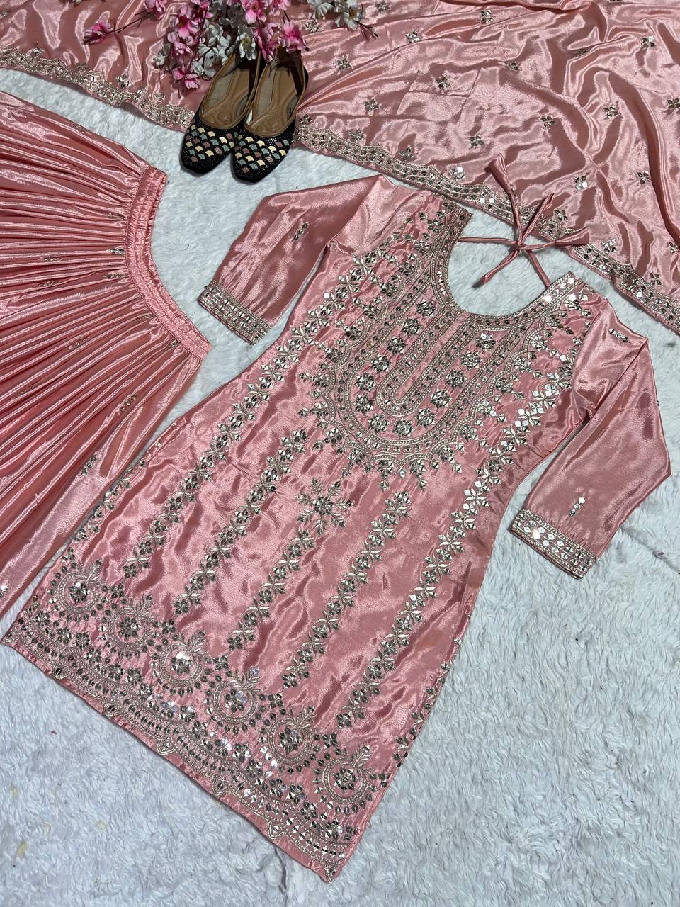 Festive Wear Peach Color Pure Chinon Silk With Embroidery Work Palazzo Suit