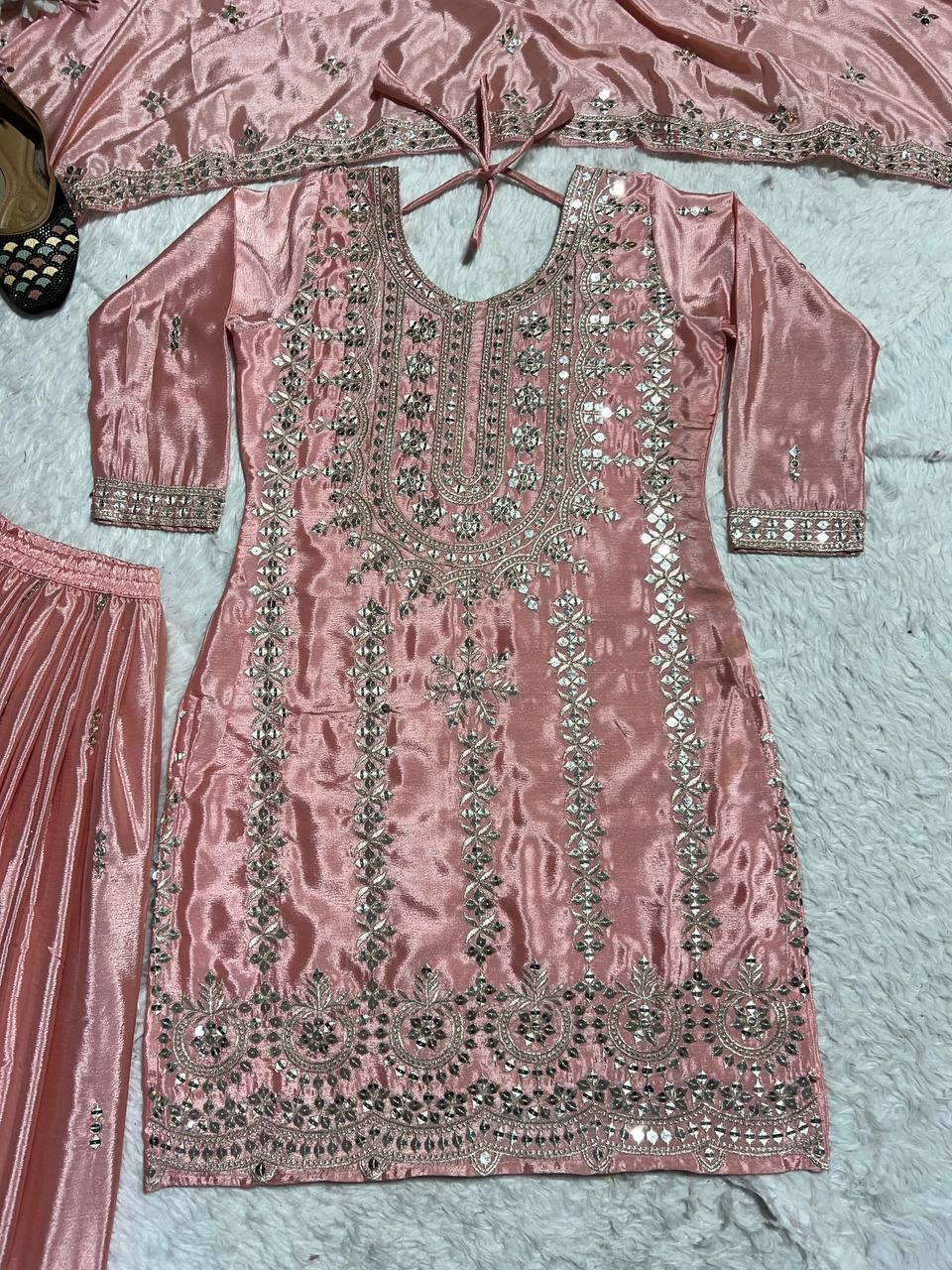 Festive Wear Peach Color Pure Chinon Silk With Embroidery Work Palazzo Suit