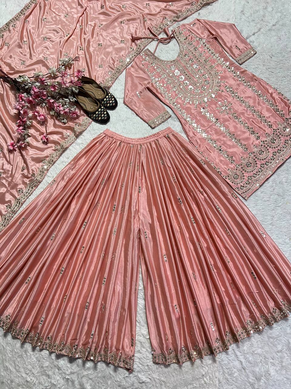 Festive Wear Peach Color Pure Chinon Silk With Embroidery Work Palazzo Suit