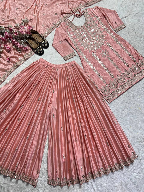 Festive Wear Peach Color Pure Chinon Silk With Embroidery Work Palazzo Suit
