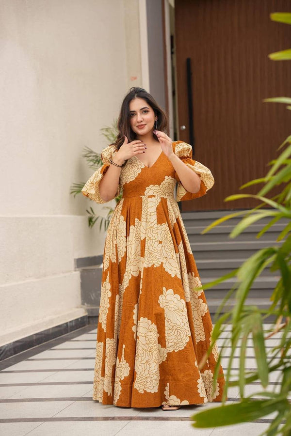 Ceremony Wear Mustard Color Maslin Fabric Digital Print Work Designer Gown
