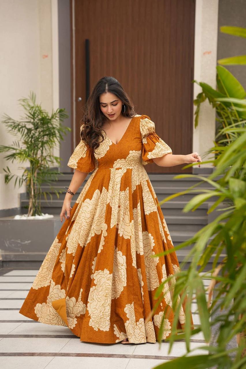 Ceremony Wear Mustard Color Maslin Fabric Digital Print Work Designer Gown