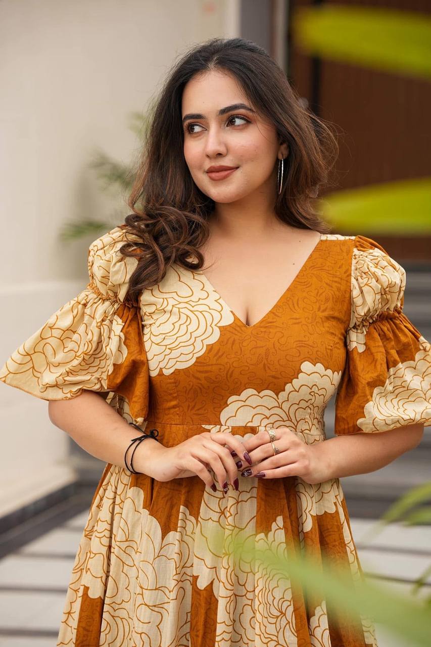 Ceremony Wear Mustard Color Maslin Fabric Digital Print Work Designer Gown