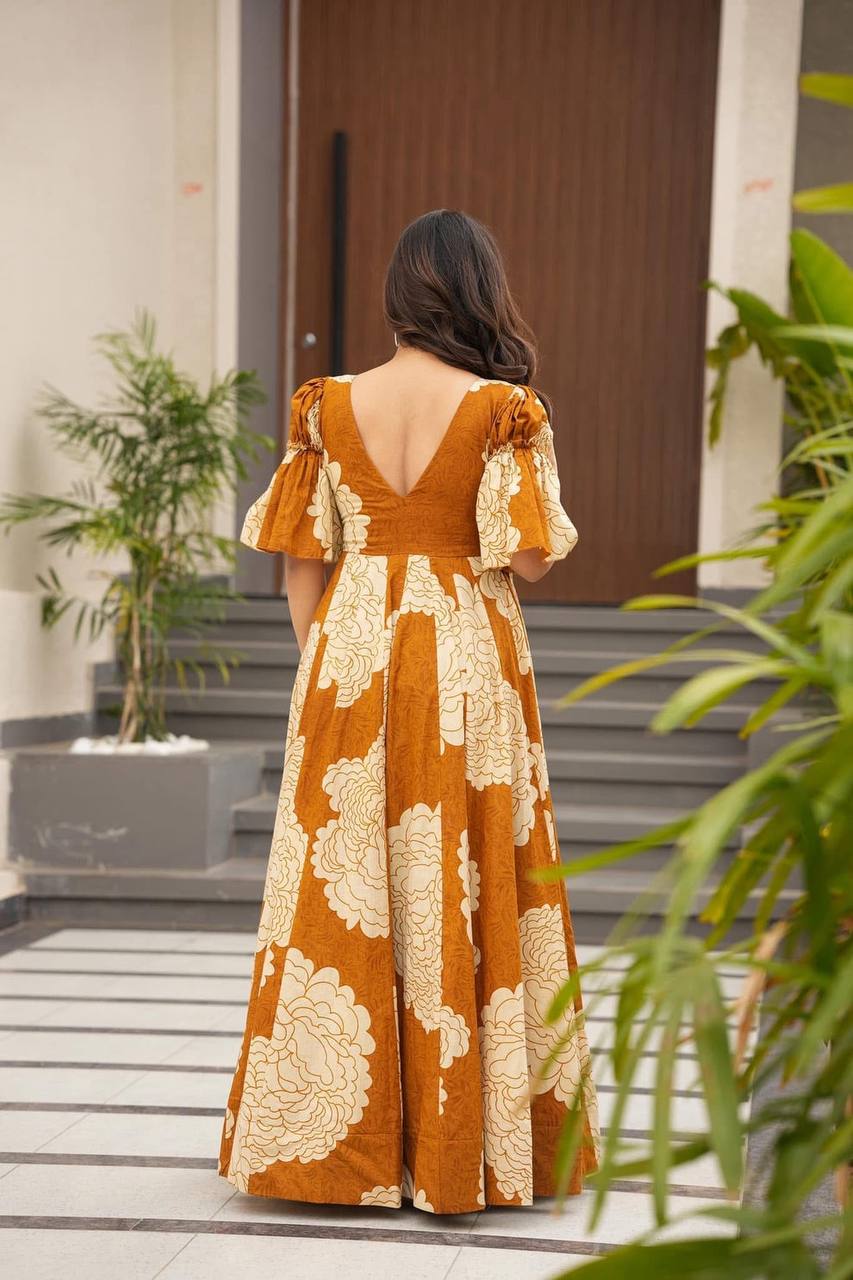 Ceremony Wear Mustard Color Maslin Fabric Digital Print Work Designer Gown