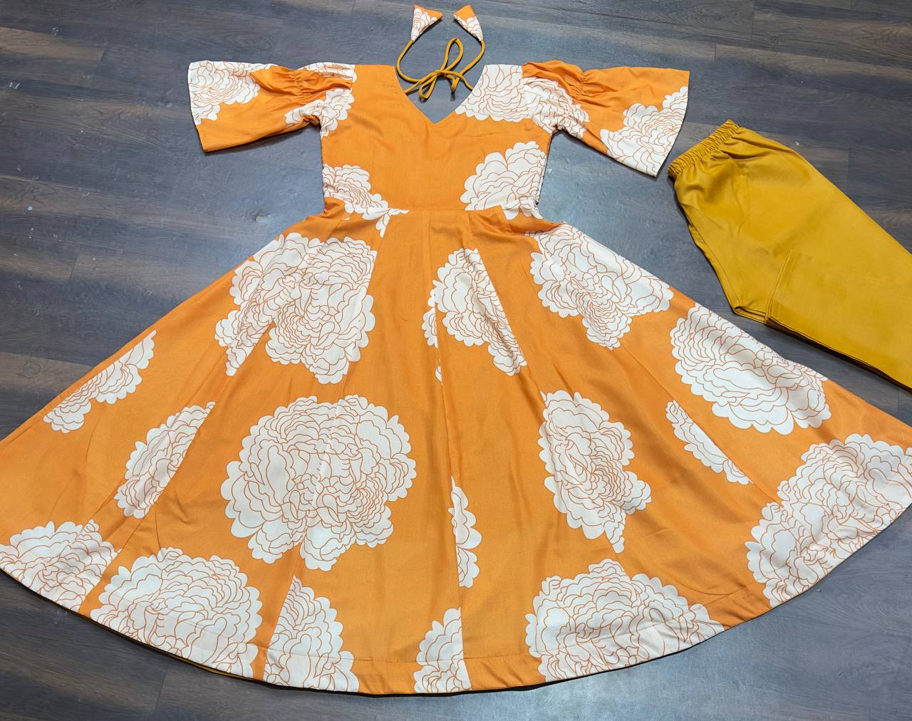Ceremony Wear Mustard Color Maslin Fabric Digital Print Work Designer Gown