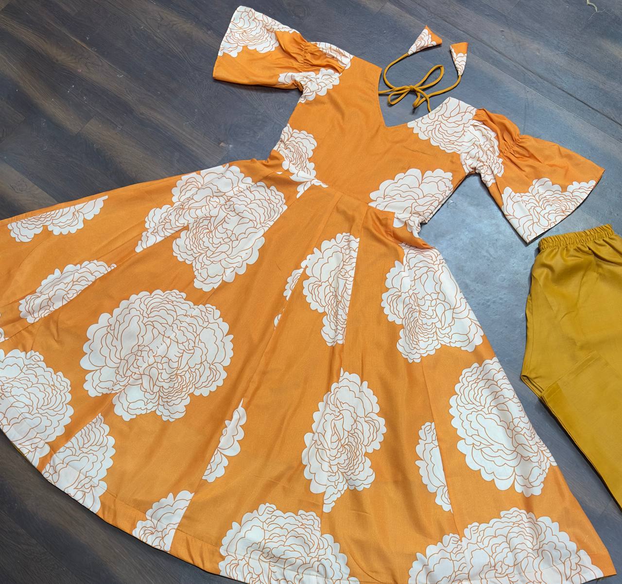 Ceremony Wear Mustard Color Maslin Fabric Digital Print Work Designer Gown
