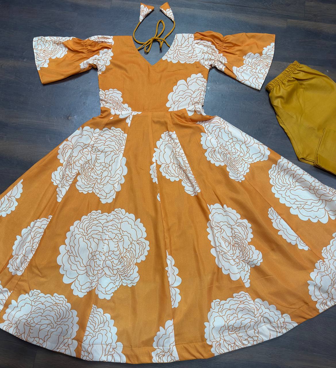 Ceremony Wear Mustard Color Maslin Fabric Digital Print Work Designer Gown