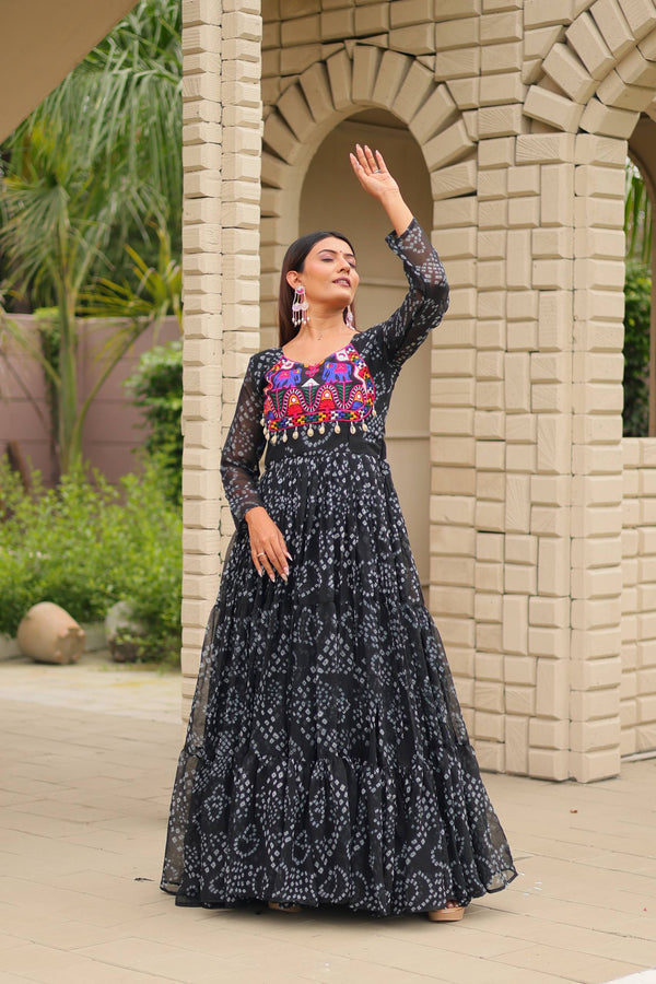 Navratri Wear Black Color Kodi Lace And Mirror Work Garba Gown