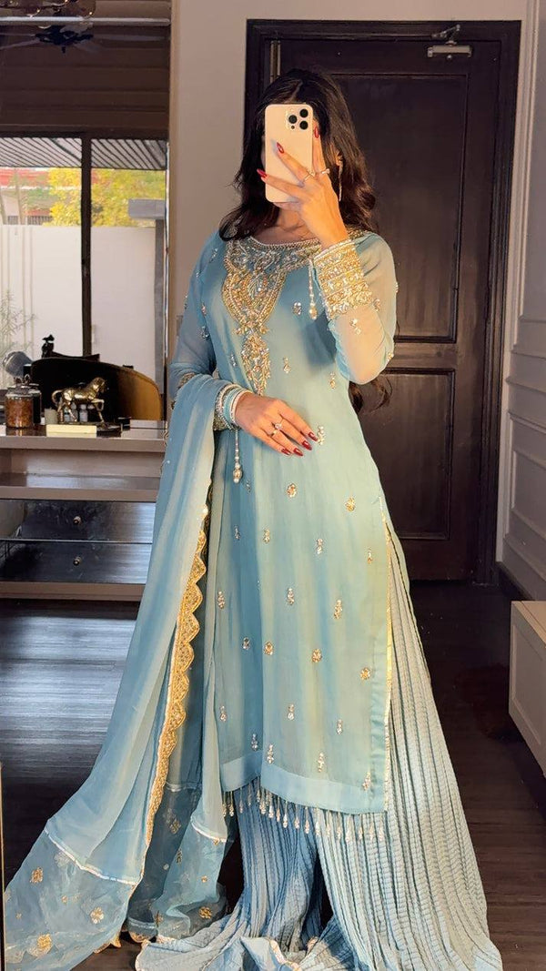 Stunning Sky Blue Color Faux Georgette With Heavy Embroidery Sequence Work Palazzo Suit