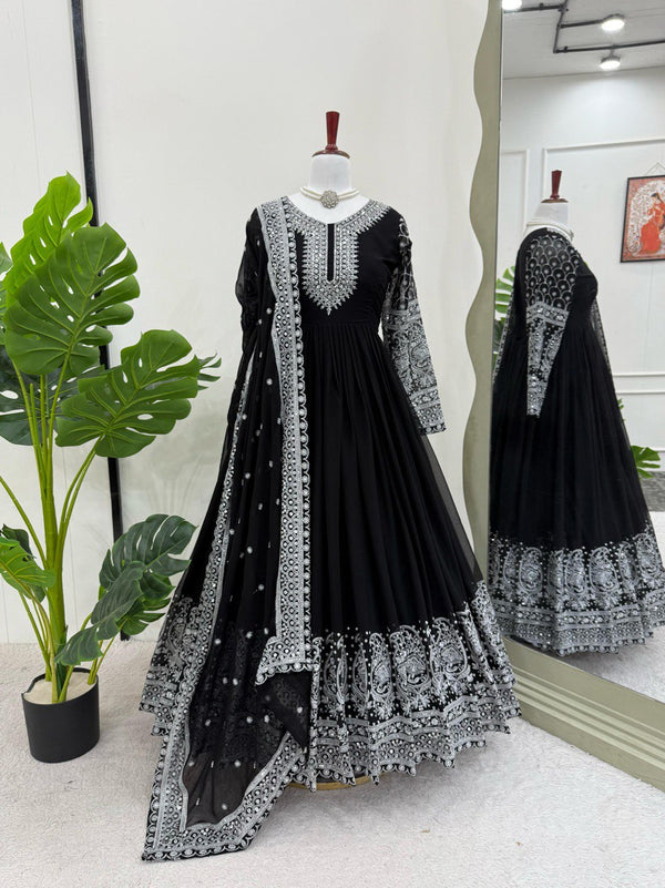 Wedding Wear Black Color Faux Georgette And Thread With Sequence Work Designer Gown