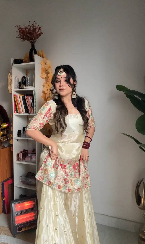 Reception Wear Cream Color Heavy Chinon Silk With Heavy Embroidery Sequence Work Sharara Suit