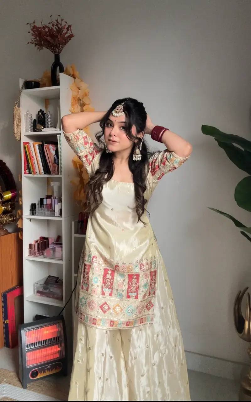Reception Wear Cream Color Heavy Chinon Silk With Heavy Embroidery Sequence Work Sharara Suit
