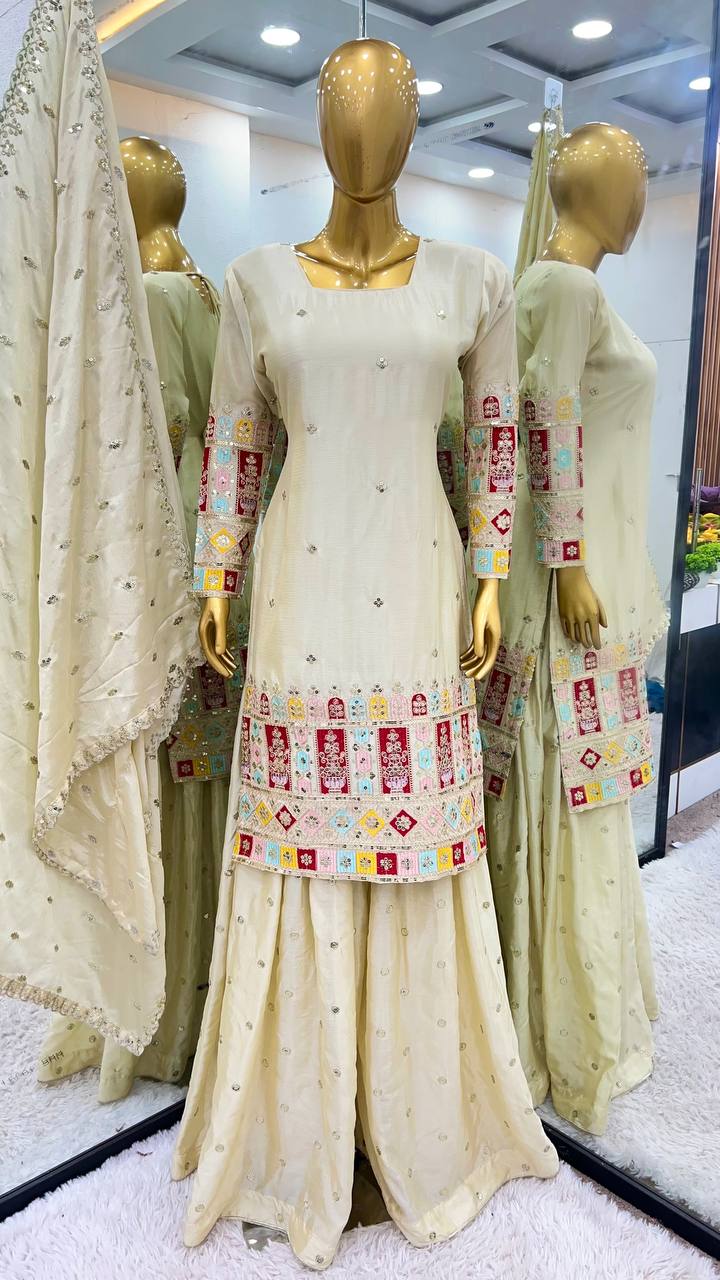 Reception Wear Cream Color Heavy Chinon Silk With Heavy Embroidery Sequence Work Sharara Suit
