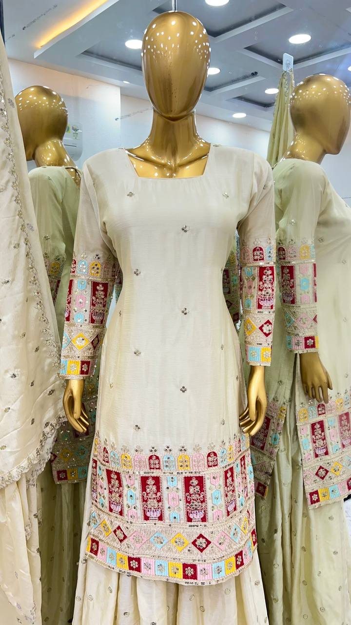 Reception Wear Cream Color Heavy Chinon Silk With Heavy Embroidery Sequence Work Sharara Suit
