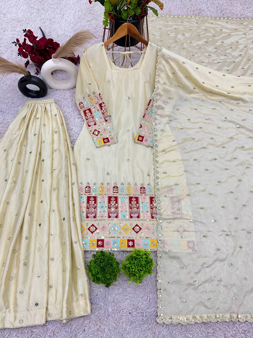 Reception Wear Cream Color Heavy Chinon Silk With Heavy Embroidery Sequence Work Sharara Suit
