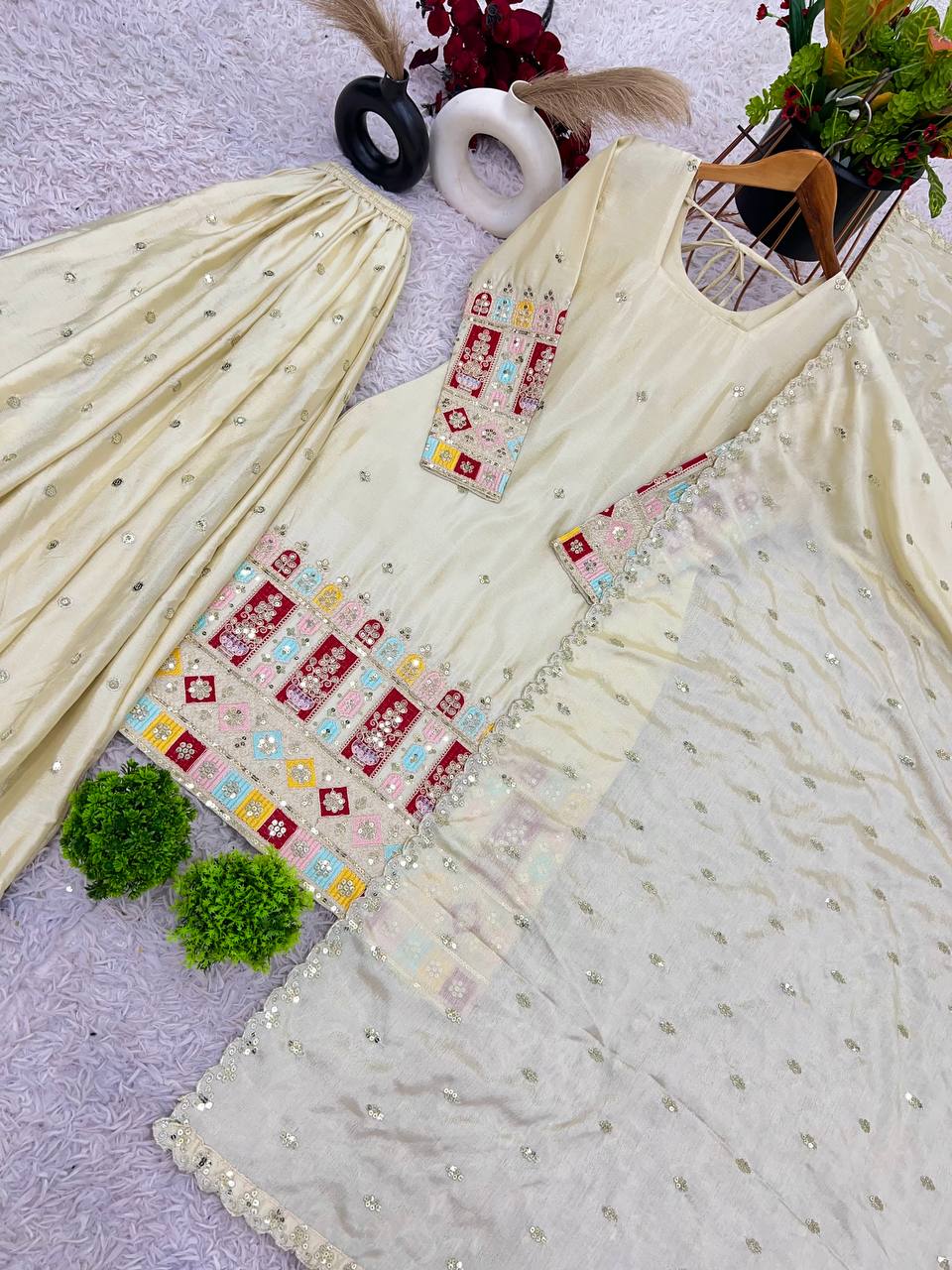Reception Wear Cream Color Heavy Chinon Silk With Heavy Embroidery Sequence Work Sharara Suit