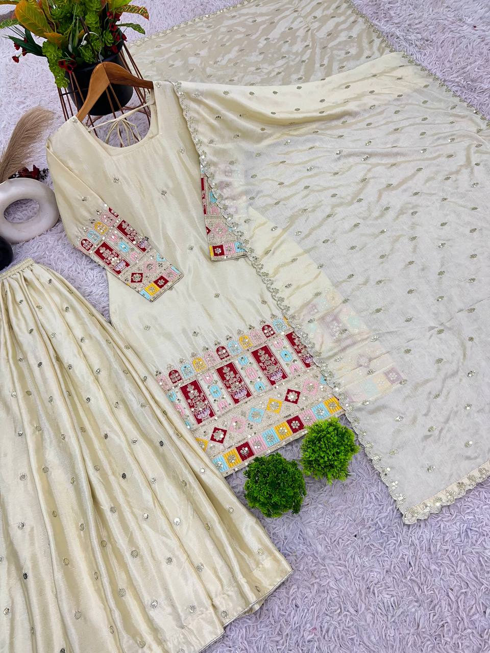 Reception Wear Cream Color Heavy Chinon Silk With Heavy Embroidery Sequence Work Sharara Suit