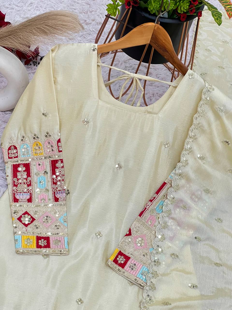 Reception Wear Cream Color Heavy Chinon Silk With Heavy Embroidery Sequence Work Sharara Suit