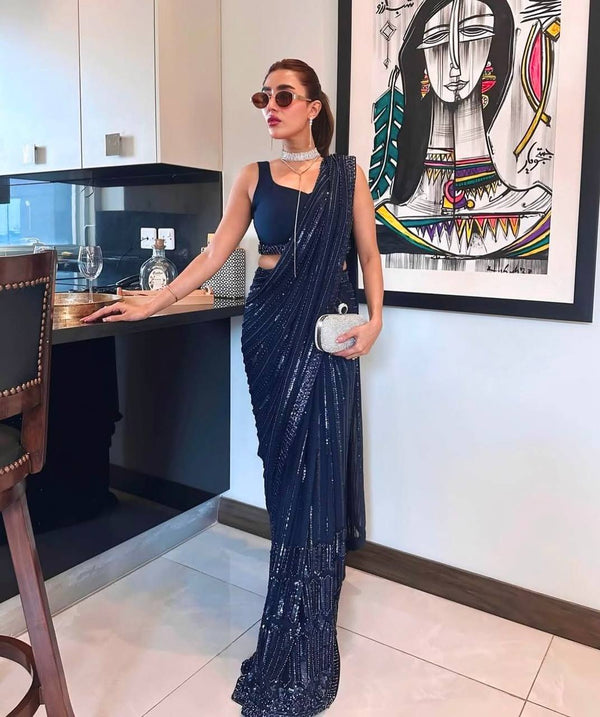 Celebrity Wear Navy Blue Color Embroidered Designer Saree