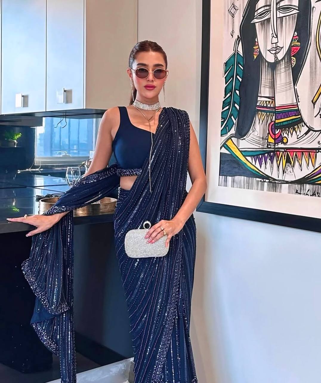 Celebrity Wear Navy Blue Color Embroidered Designer Saree