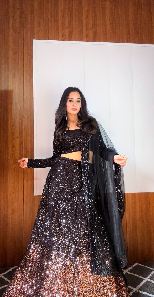 Party Wear Black Color Sequine Work Lehenga Choli