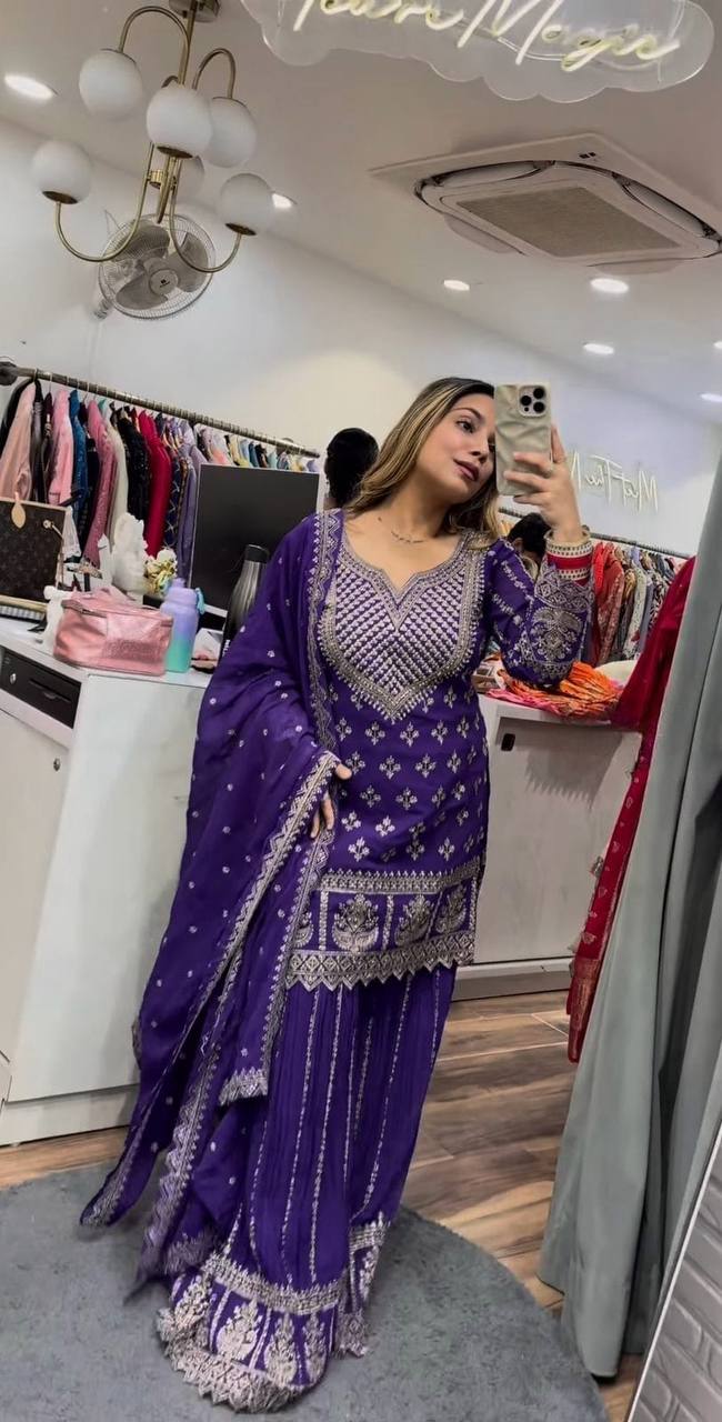 Wedding Wear Purple Color Embroidered Designer Sharara Suit