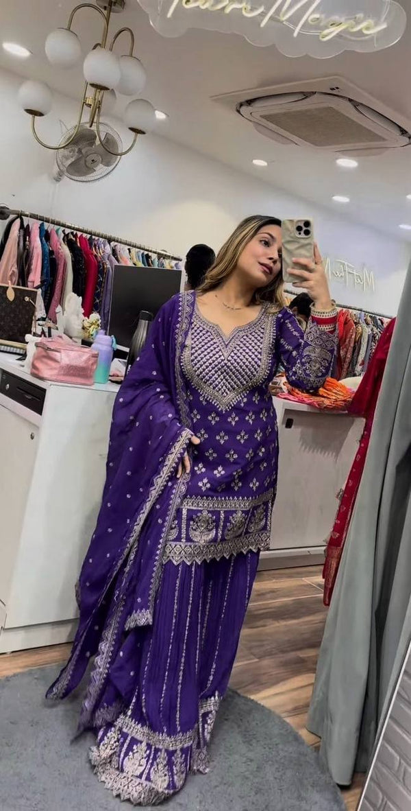 Wedding Wear Purple Color Embroidered Designer Sharara Suit