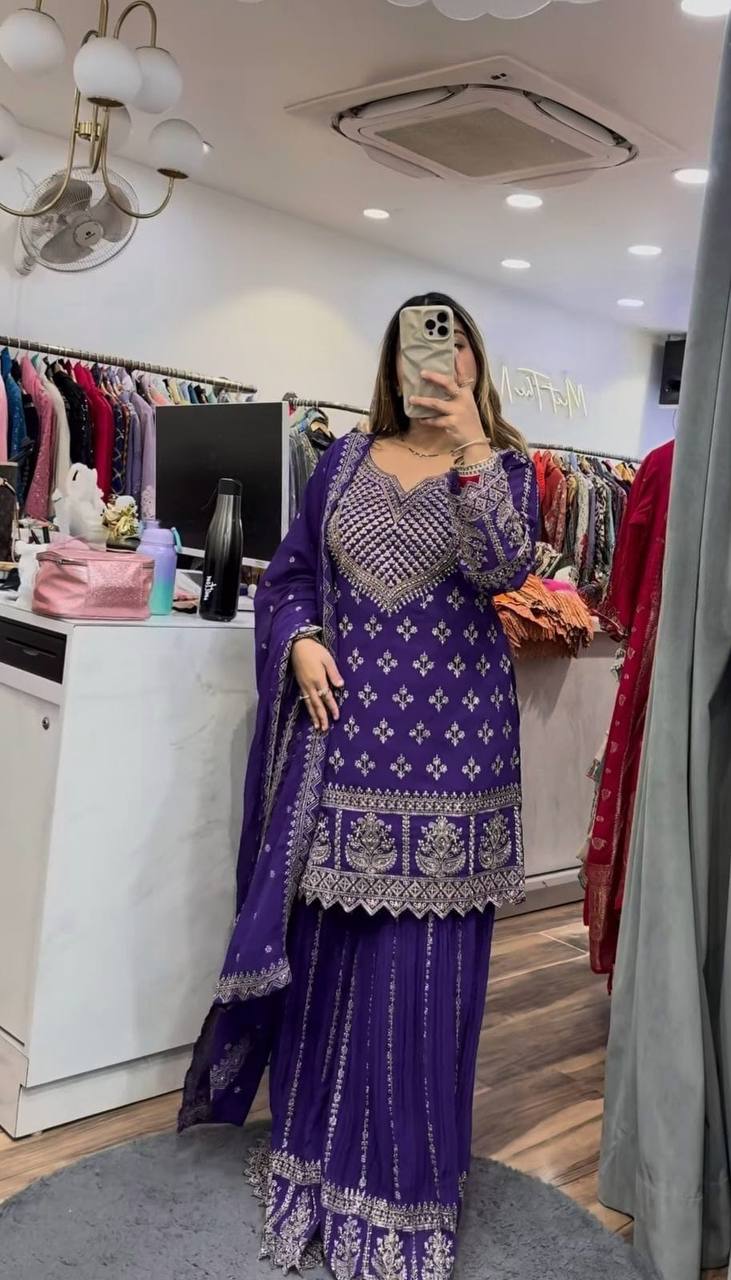 Wedding Wear Purple Color Embroidered Designer Sharara Suit