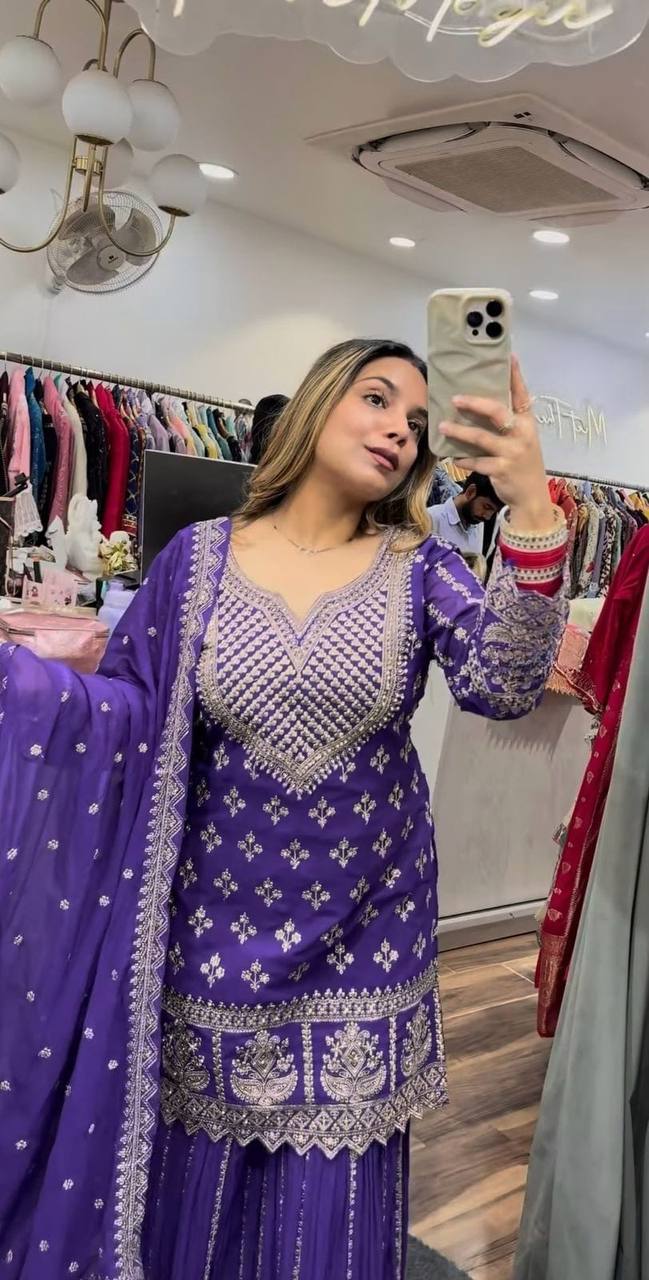 Wedding Wear Purple Color Embroidered Designer Sharara Suit