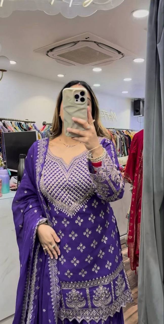 Wedding Wear Purple Color Embroidered Designer Sharara Suit