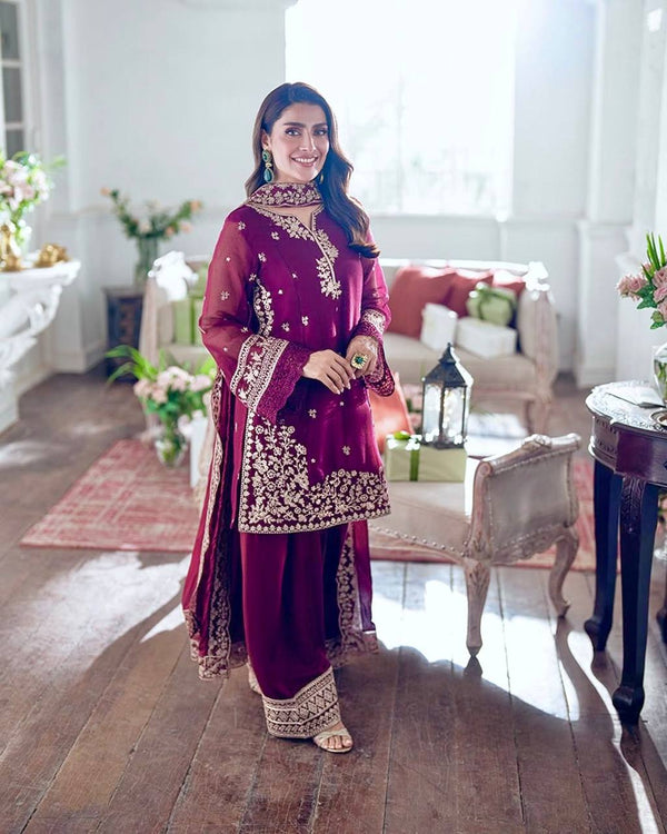 Stylish Maroon Color Designer Embroidered Palazzo Suit Set