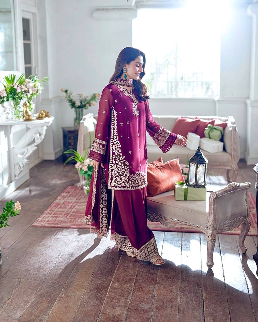 Stylish Maroon Color Designer Embroidered Palazzo Suit Set