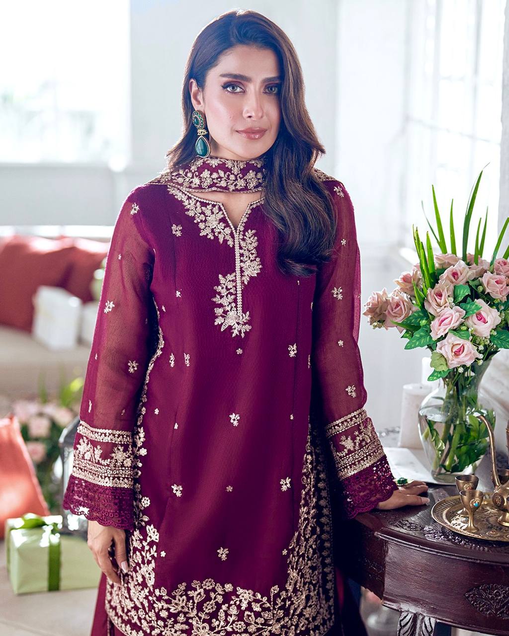 Stylish Maroon Color Designer Embroidered Palazzo Suit Set