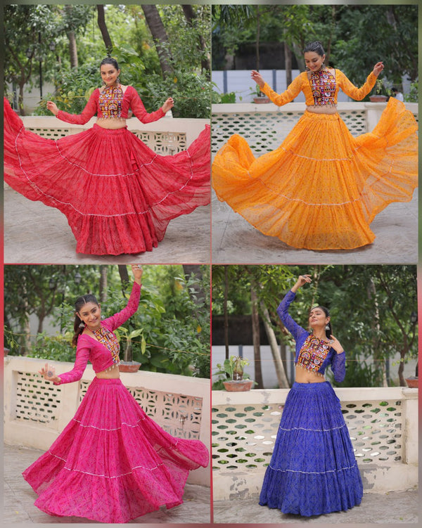 Navratri Wear Bandhej Print Georgette Lehenga With Gamthi Embroidered Top