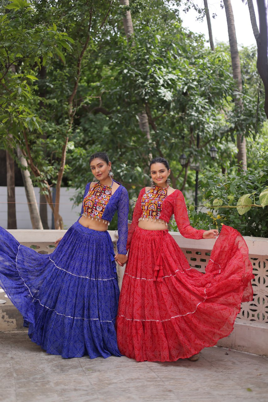 Navratri Wear Bandhej Print Georgette Lehenga With Gamthi Embroidered Top