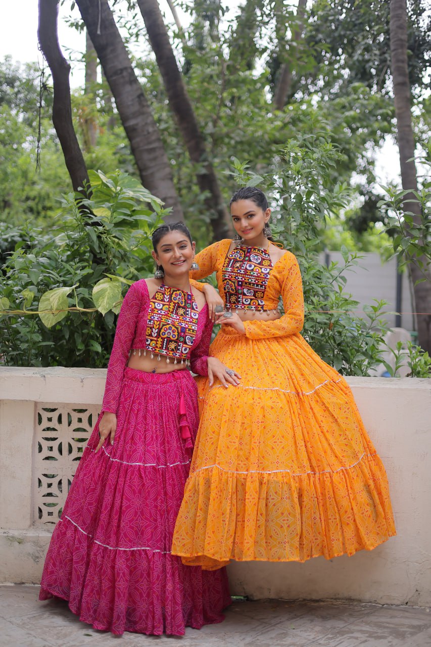 Navratri Wear Bandhej Print Georgette Lehenga With Gamthi Embroidered Top