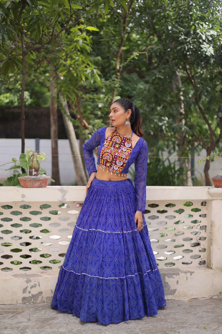 Navratri Wear Bandhej Print Georgette Lehenga With Gamthi Embroidered Top