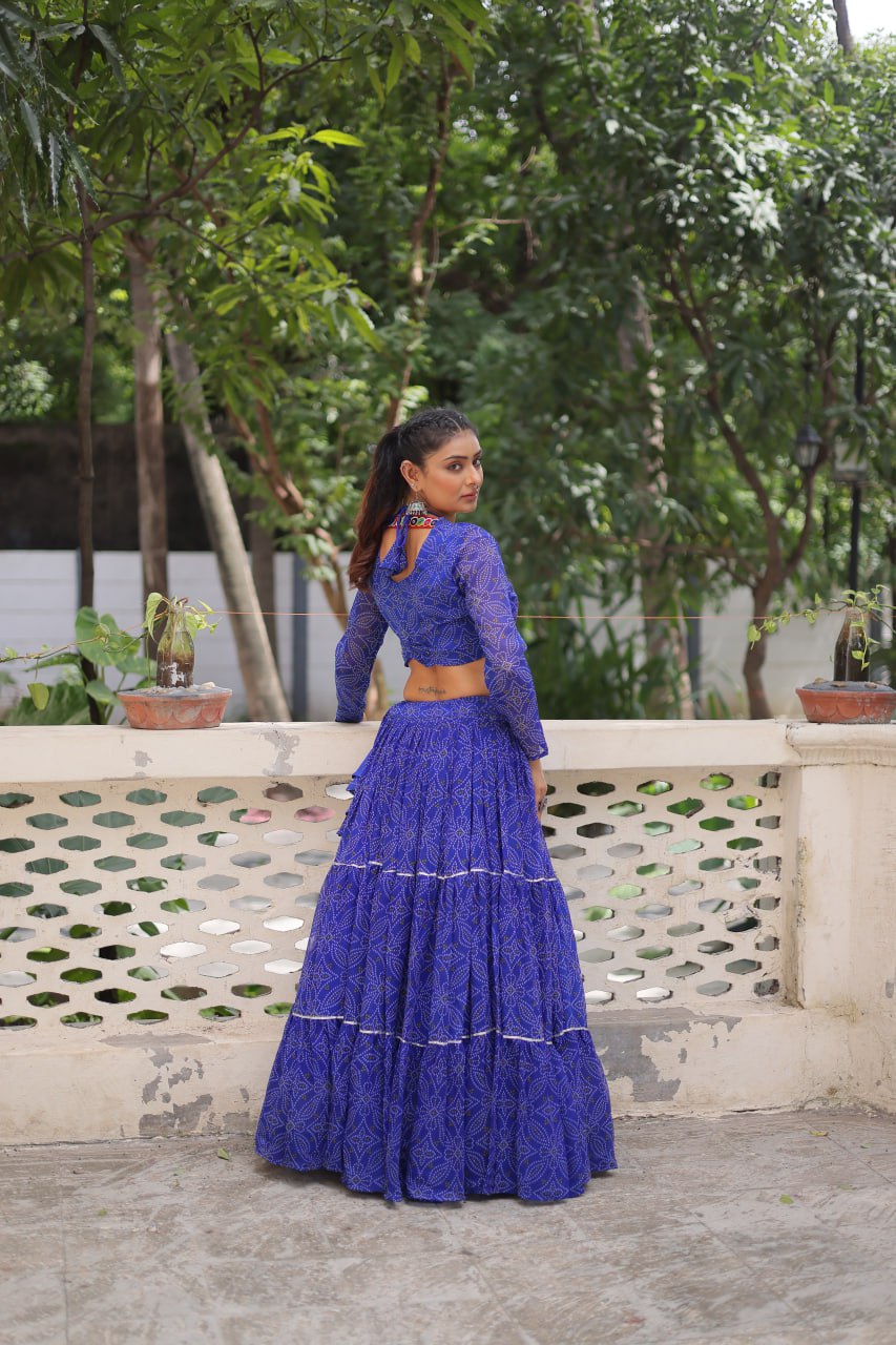Navratri Wear Bandhej Print Georgette Lehenga With Gamthi Embroidered Top