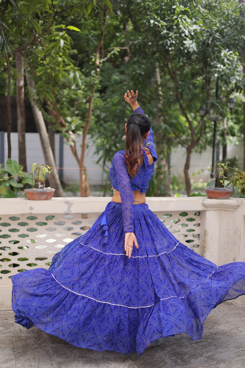 Navratri Wear Bandhej Print Georgette Lehenga With Gamthi Embroidered Top