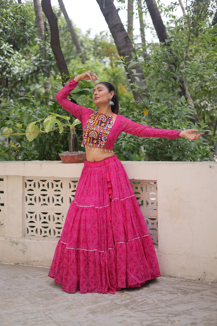 Navratri Wear Bandhej Print Georgette Lehenga With Gamthi Embroidered Top