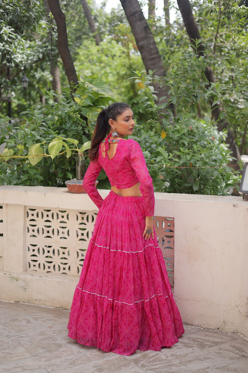 Navratri Wear Bandhej Print Georgette Lehenga With Gamthi Embroidered Top
