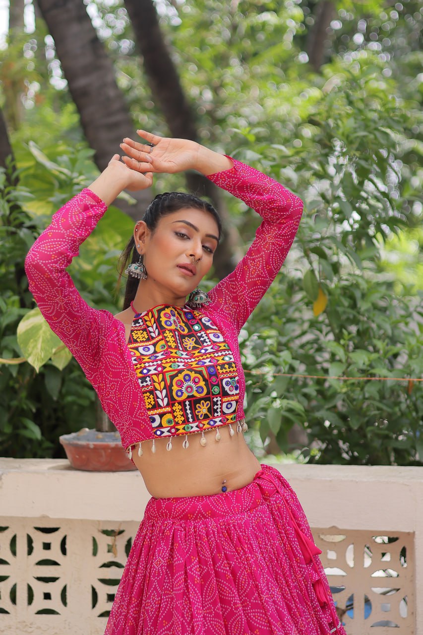 Navratri Wear Bandhej Print Georgette Lehenga With Gamthi Embroidered Top