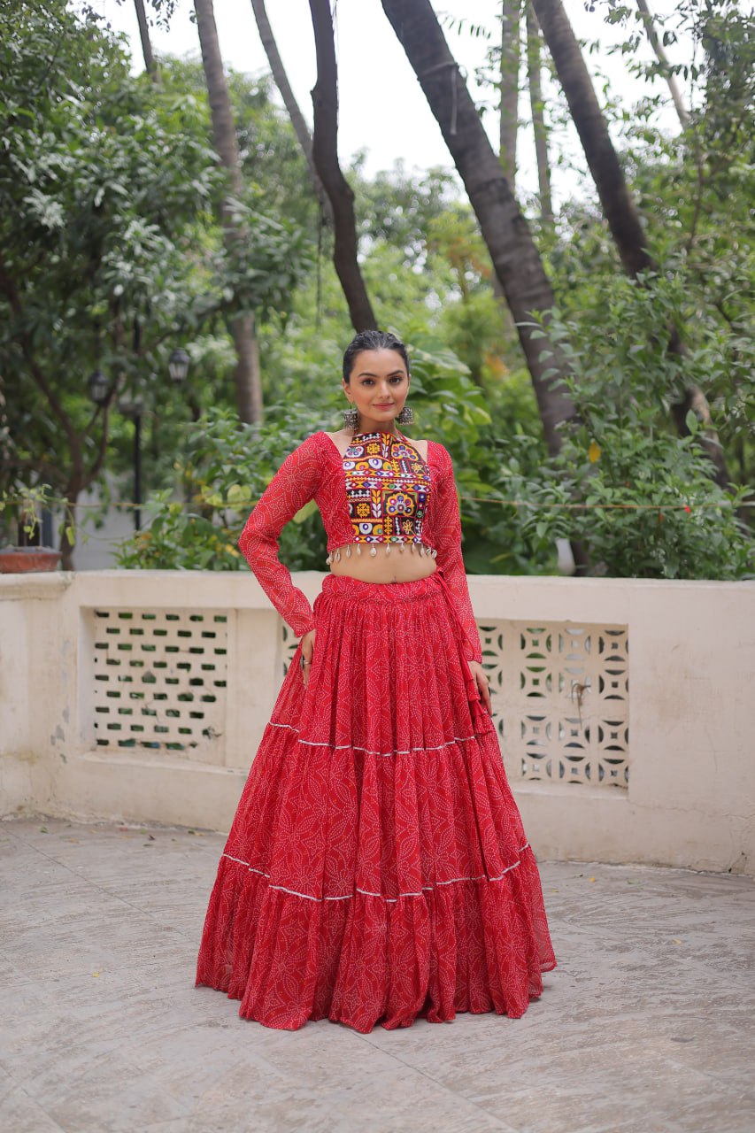 Navratri Wear Bandhej Print Georgette Lehenga With Gamthi Embroidered Top